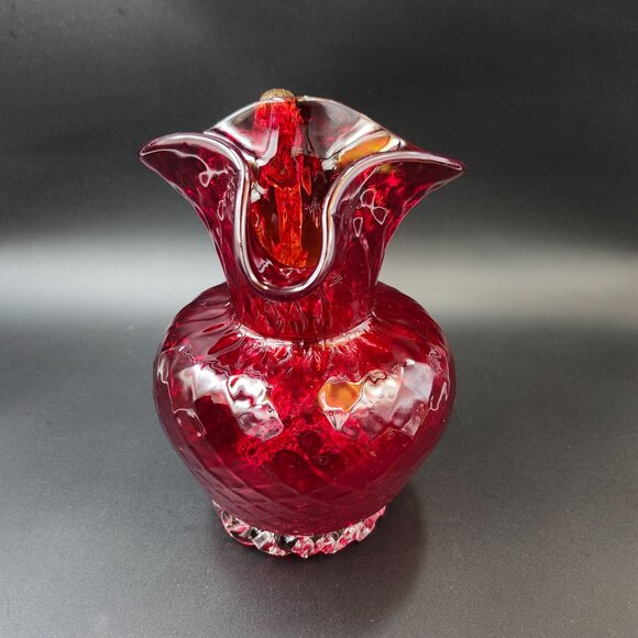 Vintage Art Glass Red Quilted Jug Ewer Applied Handle - Picture 12 of 16